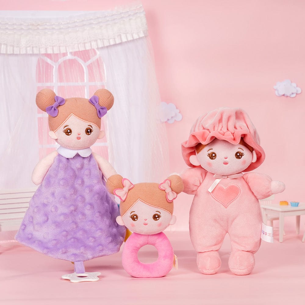 OUOZZZ Personalized Pink Mini Plush Rag Baby Doll With Rattle & Towel🔔