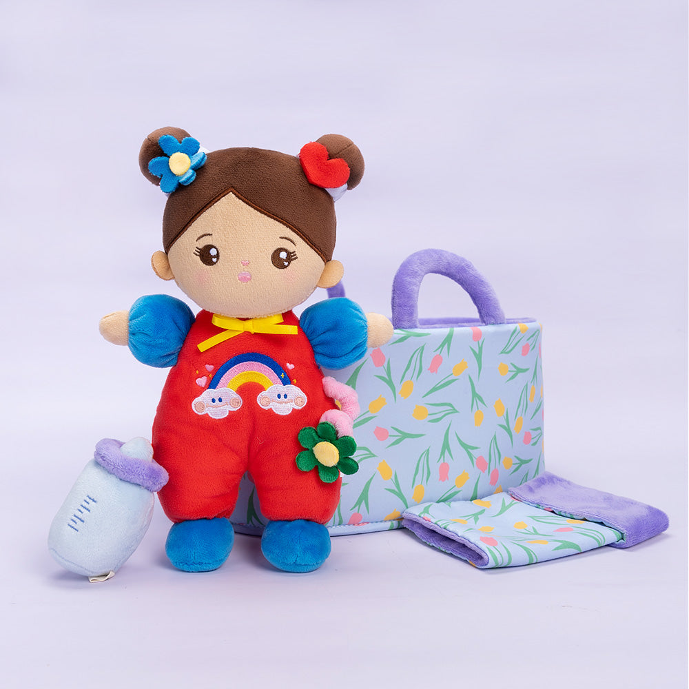 Personalized Brown Skin Tone Mini Plush Baby Girl Doll & Gift Set