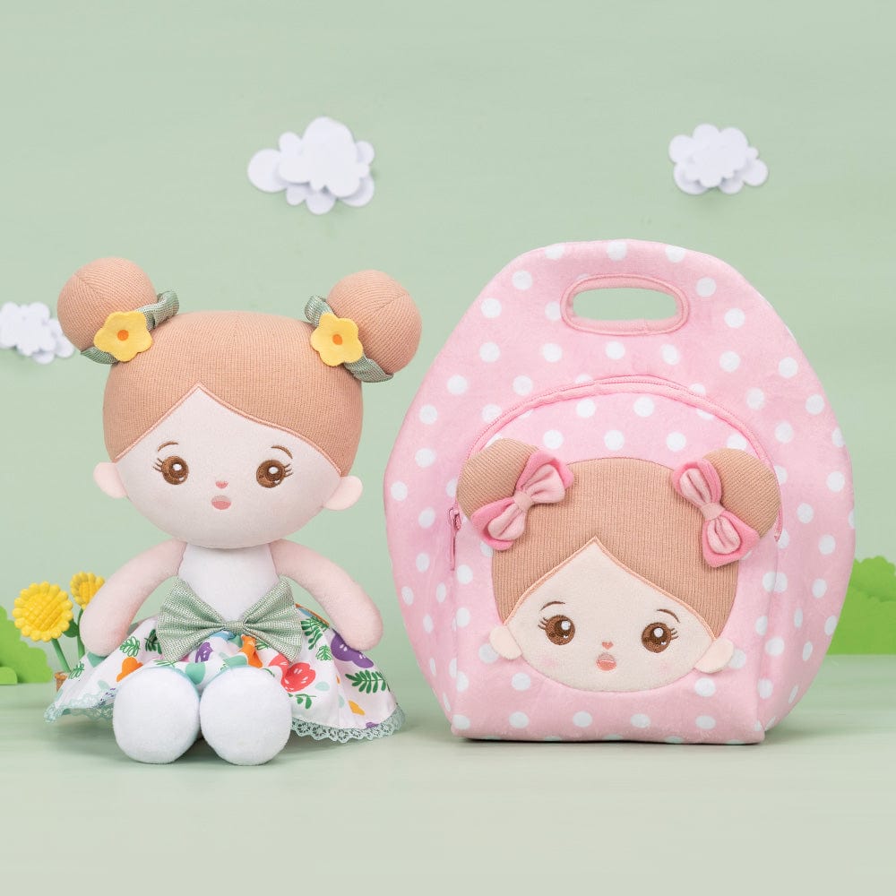 OUOZZZ Personalized Green Floral Girl Plush Doll With Lunch Bag