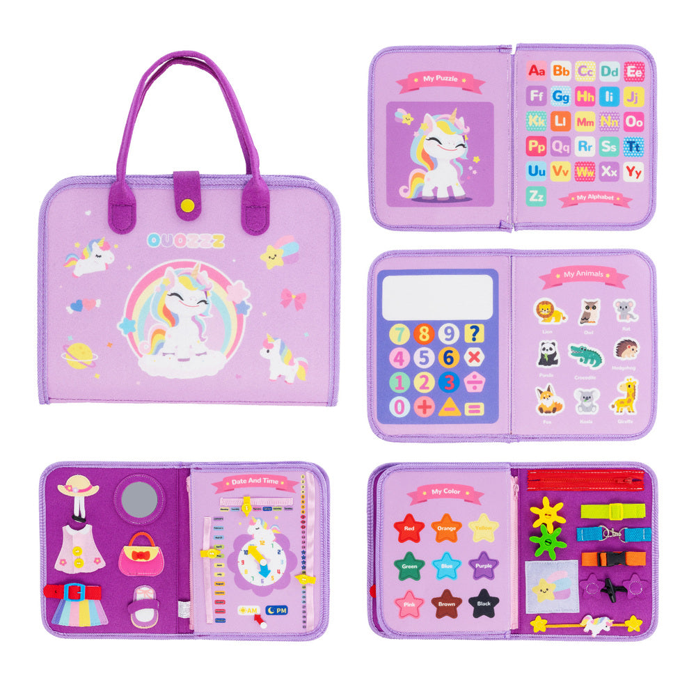 Personalized Unicorn Toddler Busy Board Plush Montessori Toy