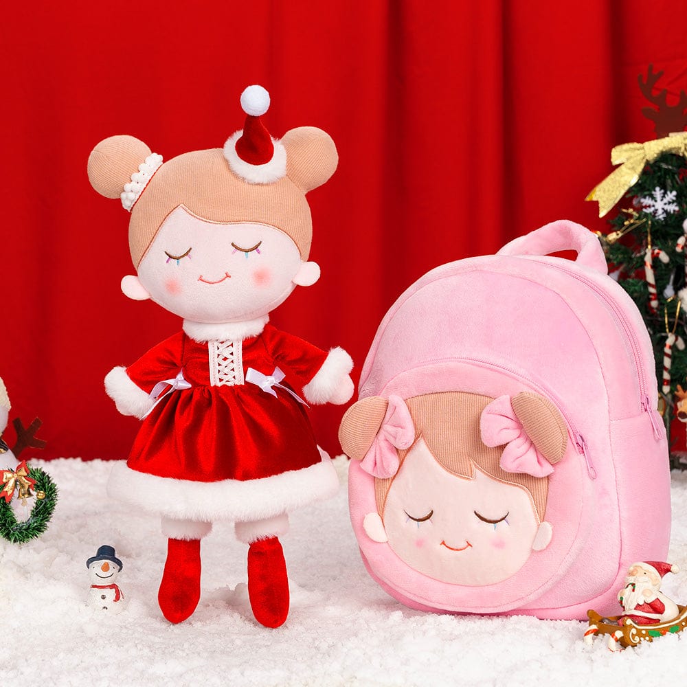 OUOZZZ Personalized Red Christmas Plush Baby Girl Doll With Backpack