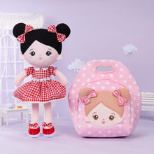 Load image into Gallery viewer, OUOZZZ Personalized Black Hair Red Plaid Dress Plush Baby Girl Doll