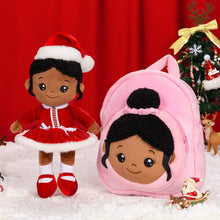 Load image into Gallery viewer, OUOZZZ Personalized Deep Skin Tone Red Christmas Plush Baby Girl Doll With Pink Bag