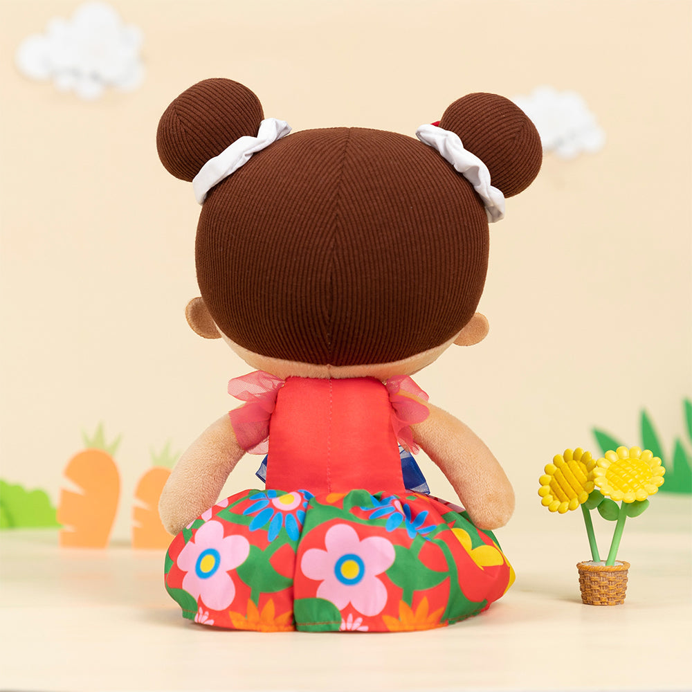 Personalized Brown Skin Tone Red Floral Dress Plush Baby Girl Doll