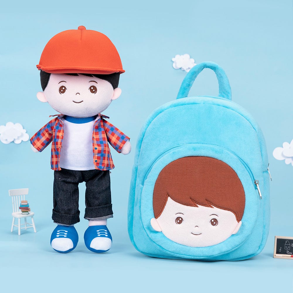 OUOZZZ Personalized Plaid Jacket Plush Baby Boy Doll With Backpack